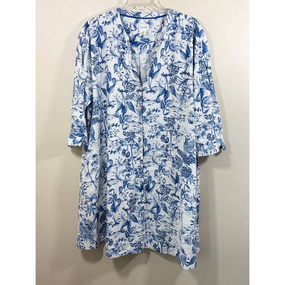 Nicole Miller Womens XL Linen Blend Blue White Toile Tunic Coastal Boho